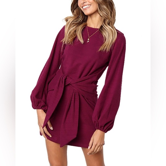 Lionstill Dresses & Skirts - Lionstill Women's Elegant Long Sleeve Dress Casual Crew Neck Tie/Wine